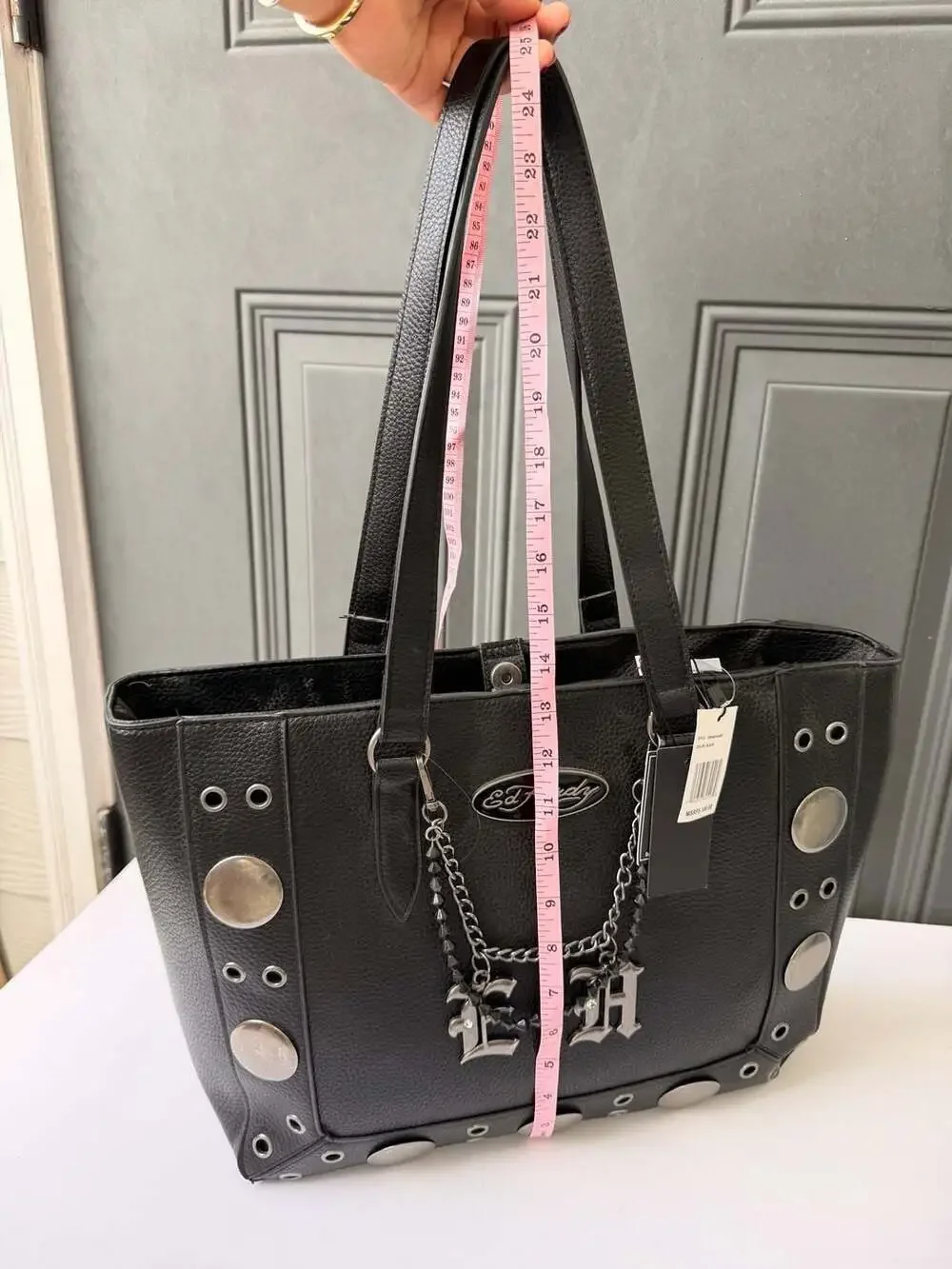 Ed Hardy Studded Tote Shoulder Bag with Chain Charm Gothic Logo Black